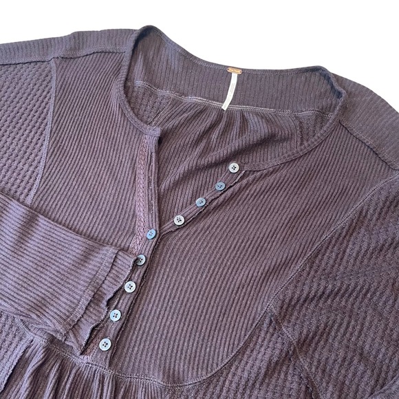 Free People Women's Brown Henley Long Sleeve Top Tunic Blouse L - Picture 1 of 8